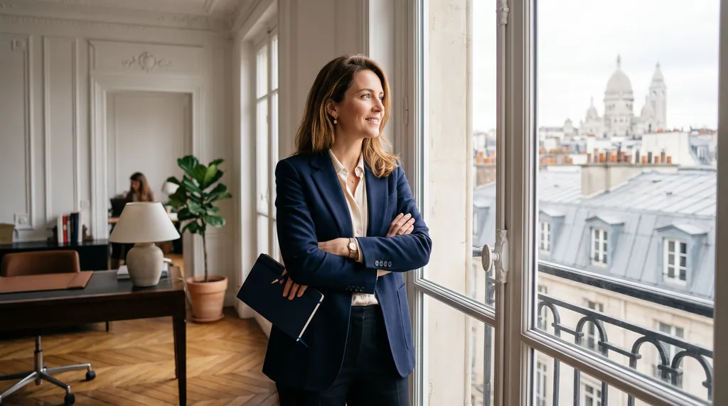 Une femme réfléchit à la suite de sa carrière devant une fenêtre donnant sur Paris